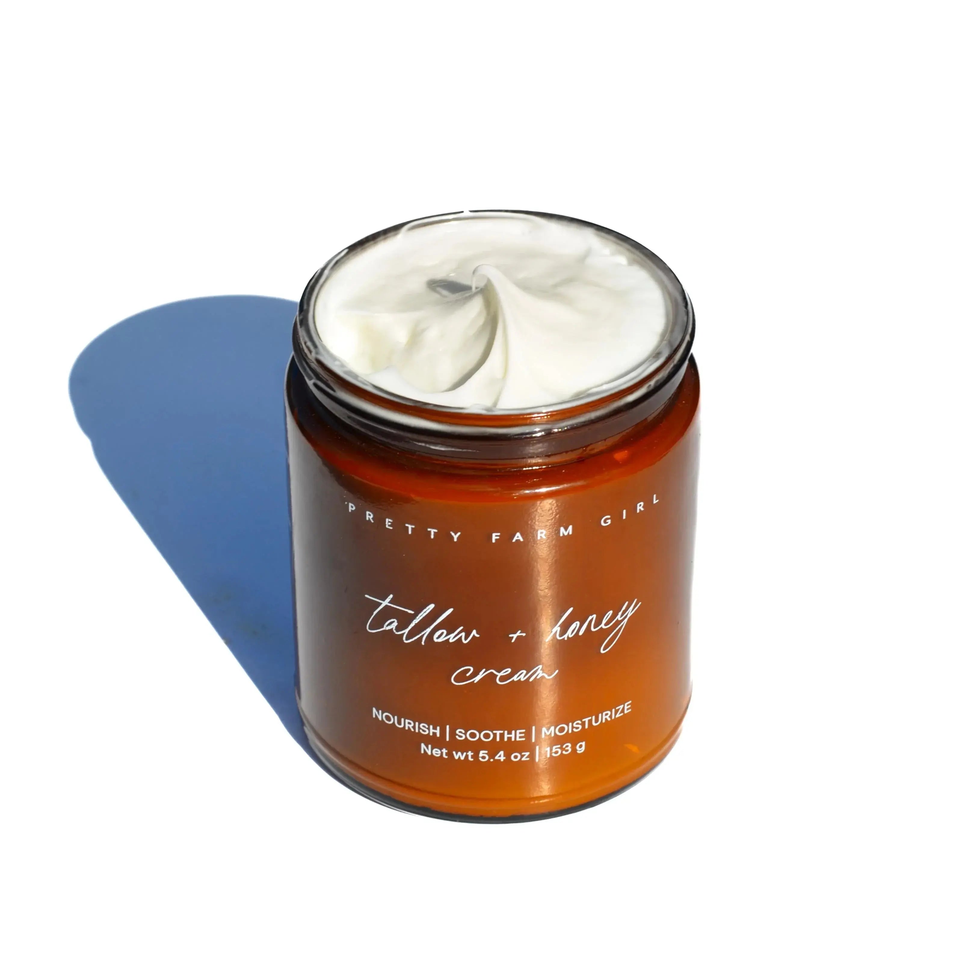 Tallow + Honey Cream in amber jar, nourish soothe moisturize, farmhouse bath essential