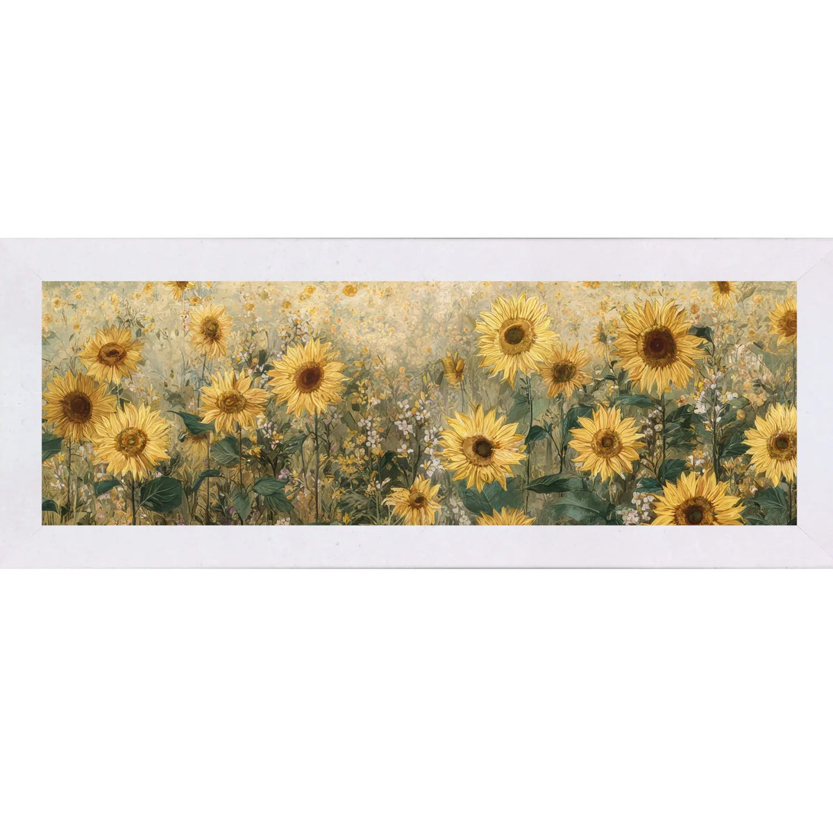 Framed artwork of sunflowers and wildflowers on a white background