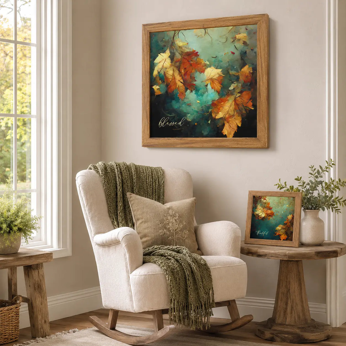 Rocking chair with a green blanket and pillows, framed artwork on the wall, and small table with plants.