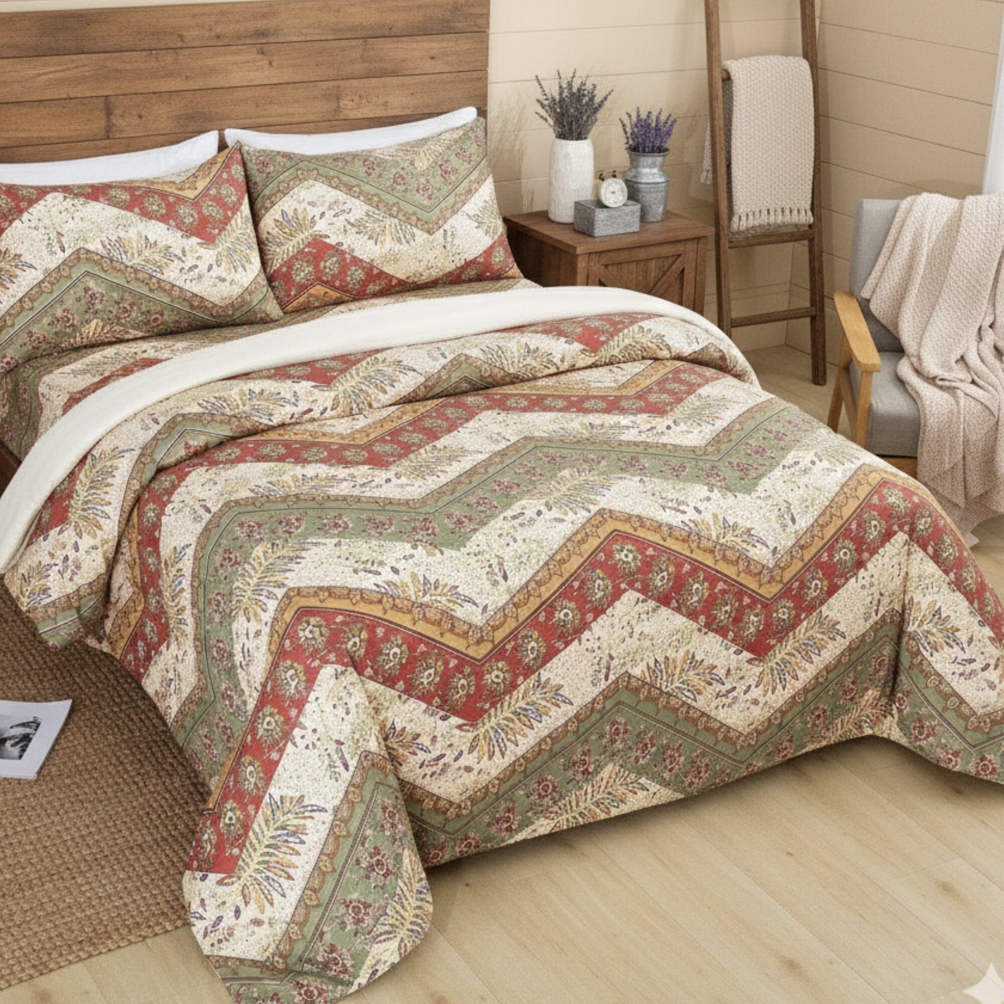 DaDa Bedding Botanical Cranberry Sage Chevron Floral Duvet Cover Set w/ Pillow Cases (JHW-924) DaDalogy Bedding Collection