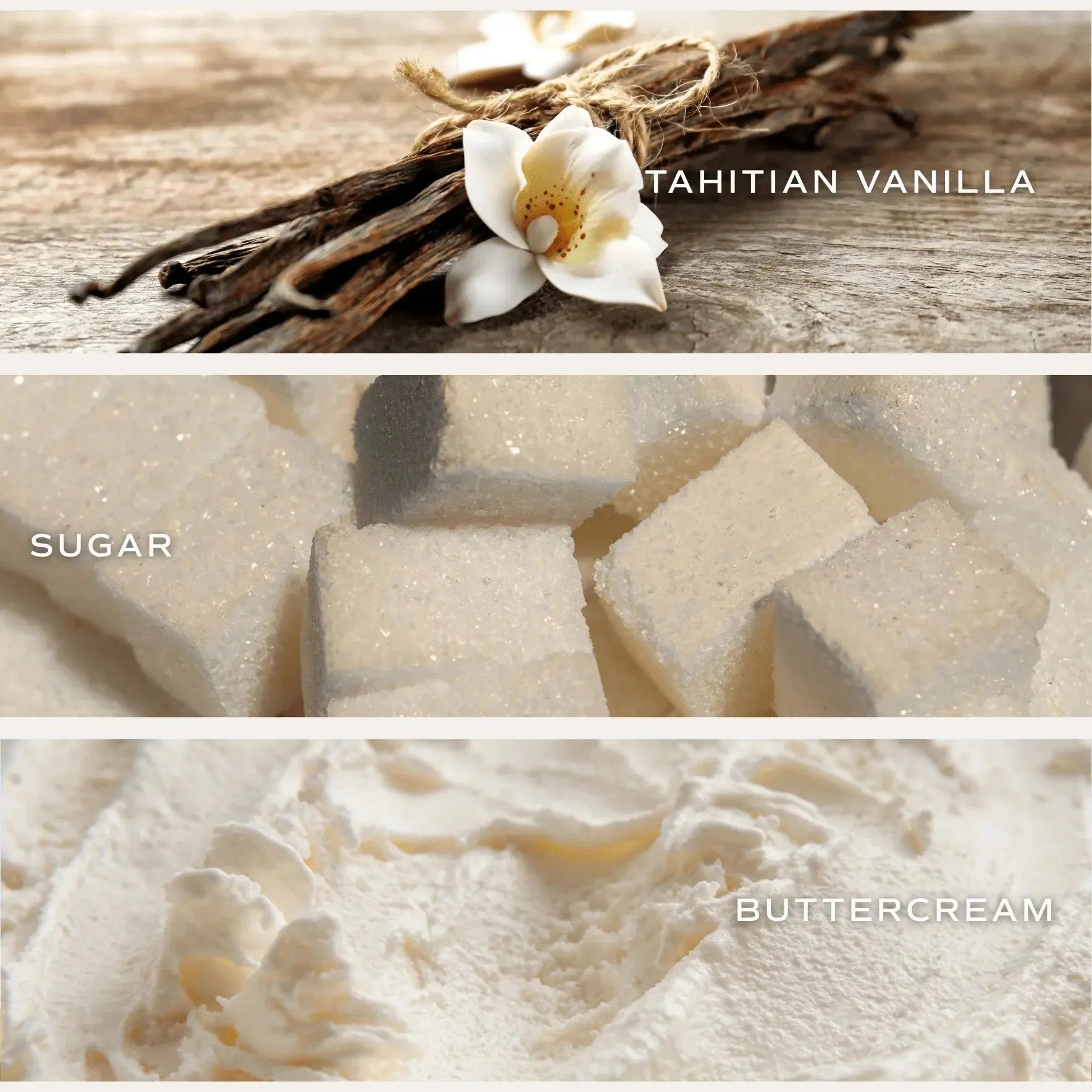 Tahitian vanilla beans, sugar cubes, and buttercream swirl for cozy home bath essentials