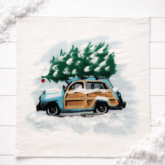 Vintage Station Wagon Christmas Tree Interchangeable Square Pillow Panel