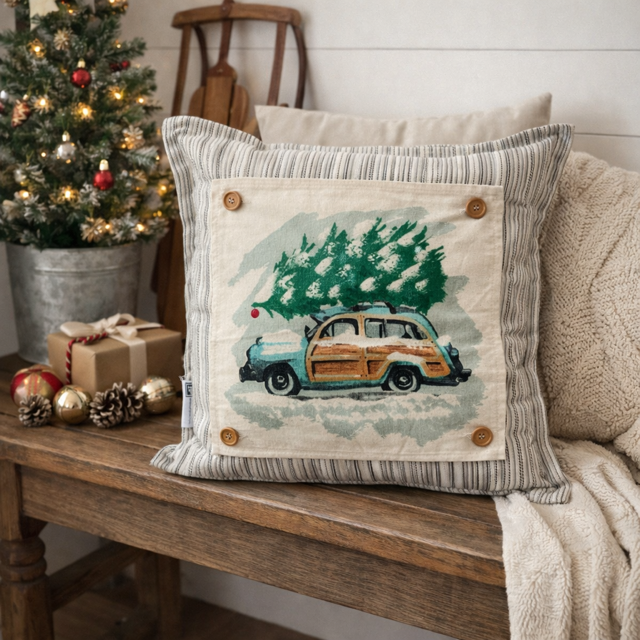 Vintage Station Wagon Christmas Tree Interchangeable Square Pillow Panel