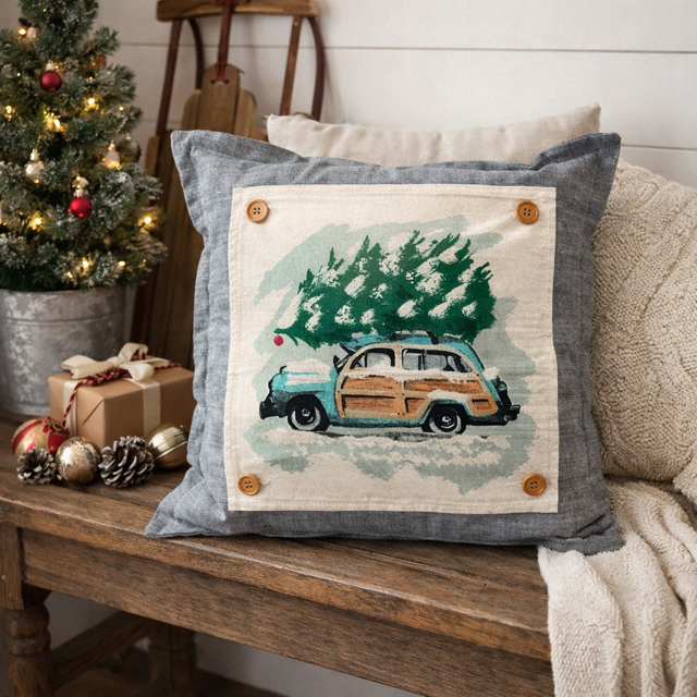 Vintage Station Wagon Christmas Tree Interchangeable Square Pillow Panel