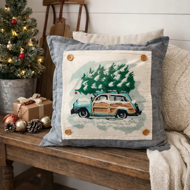 PANEL ONLY: SQUARE Christmas Griswald Family Tradition Tree Cutting Snow Scene Winter Wonderland for throw pillow; VINTAGE STATION WAGON PillowPanels.com PANEL ONLY: SQUARE Christmas Griswald Family Tradition Tree Cutting Snow Scene Winter Wonderland for throw pillow; VINTAGE STATION WAGON PillowPanels.com