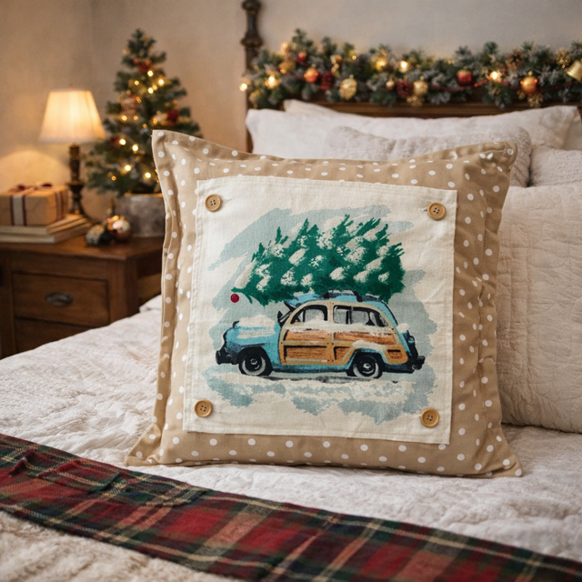 Vintage Station Wagon Christmas Tree Interchangeable Square Pillow Panel