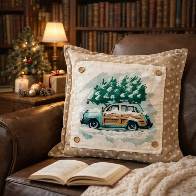 PANEL ONLY: SQUARE Christmas Griswald Family Tradition Tree Cutting Snow Scene Winter Wonderland for throw pillow; VINTAGE STATION WAGON PillowPanels.com PANEL ONLY: SQUARE Christmas Griswald Family Tradition Tree Cutting Snow Scene Winter Wonderland for throw pillow; VINTAGE STATION WAGON PillowPanels.com