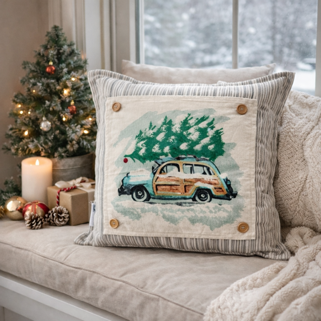 Vintage Station Wagon Christmas Tree Interchangeable Square Pillow Panel