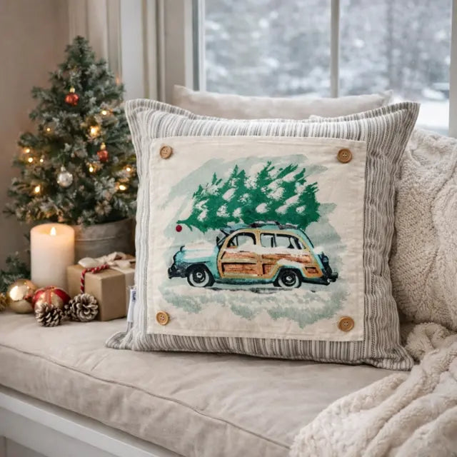 PANEL ONLY: SQUARE Christmas Griswald Family Tradition Tree Cutting Snow Scene Winter Wonderland for throw pillow; VINTAGE STATION WAGON PillowPanels.com PANEL ONLY: SQUARE Christmas Griswald Family Tradition Tree Cutting Snow Scene Winter Wonderland for throw pillow; VINTAGE STATION WAGON PillowPanels.com