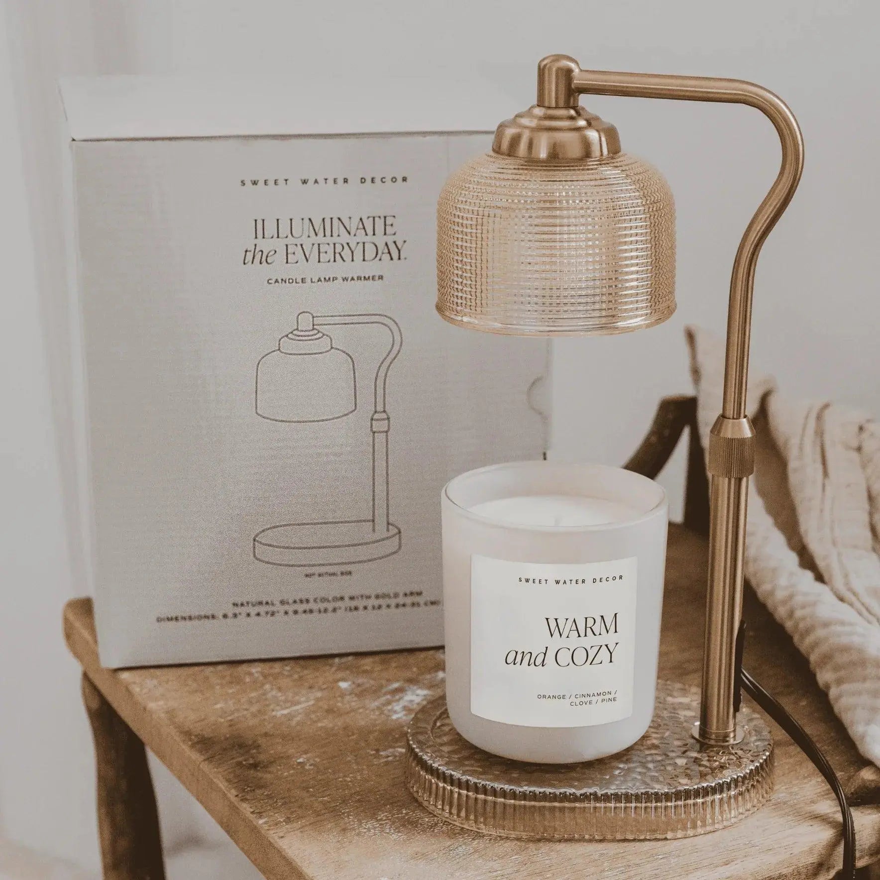 Warm and Cozy candle with gold candle lamp warmer, farmhouse decor for cozy living spaces