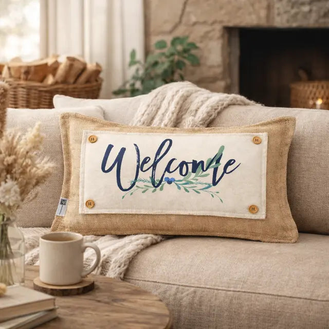 Decorative pillow with 'Welcome' text on a couch in a cozy living room.