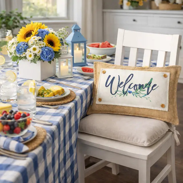 Decorated dining table with a 'Welcome' pillow, flowers, and lanterns.
