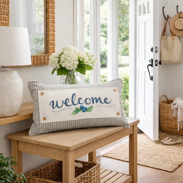 Decorative pillow with 'welcome' text on a wooden bench in a bright room.