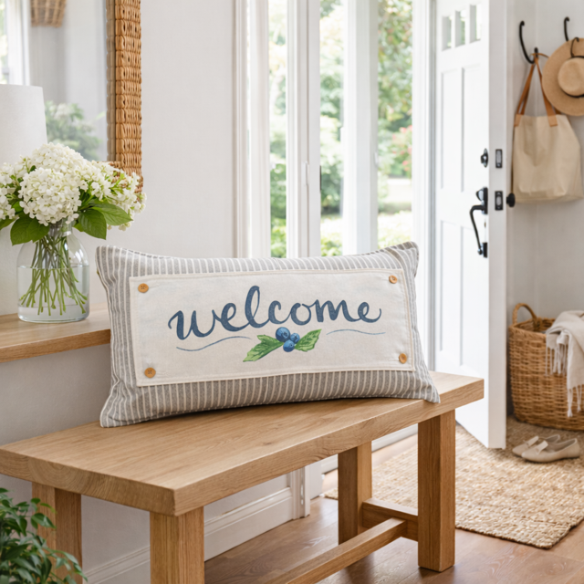 A rectangular decorative throw pillow with a striped border and a central cream panel reading 'welcome' in blue script with a small blueberry and green leaf motif. The pillow is styled on a wooden bench in a bright, modern entryway.