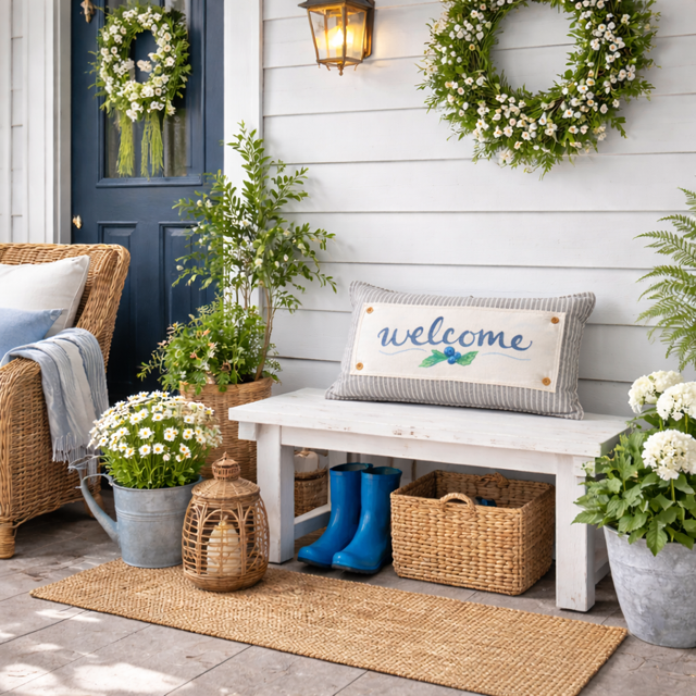 A styled front porch entryway with a white bench holding a woven basket, blue rain boots, and a striped 'welcome' pillow. A wicker chair, potted white flowers, greenery, a blue door, wreaths, and a lantern complete the scene.