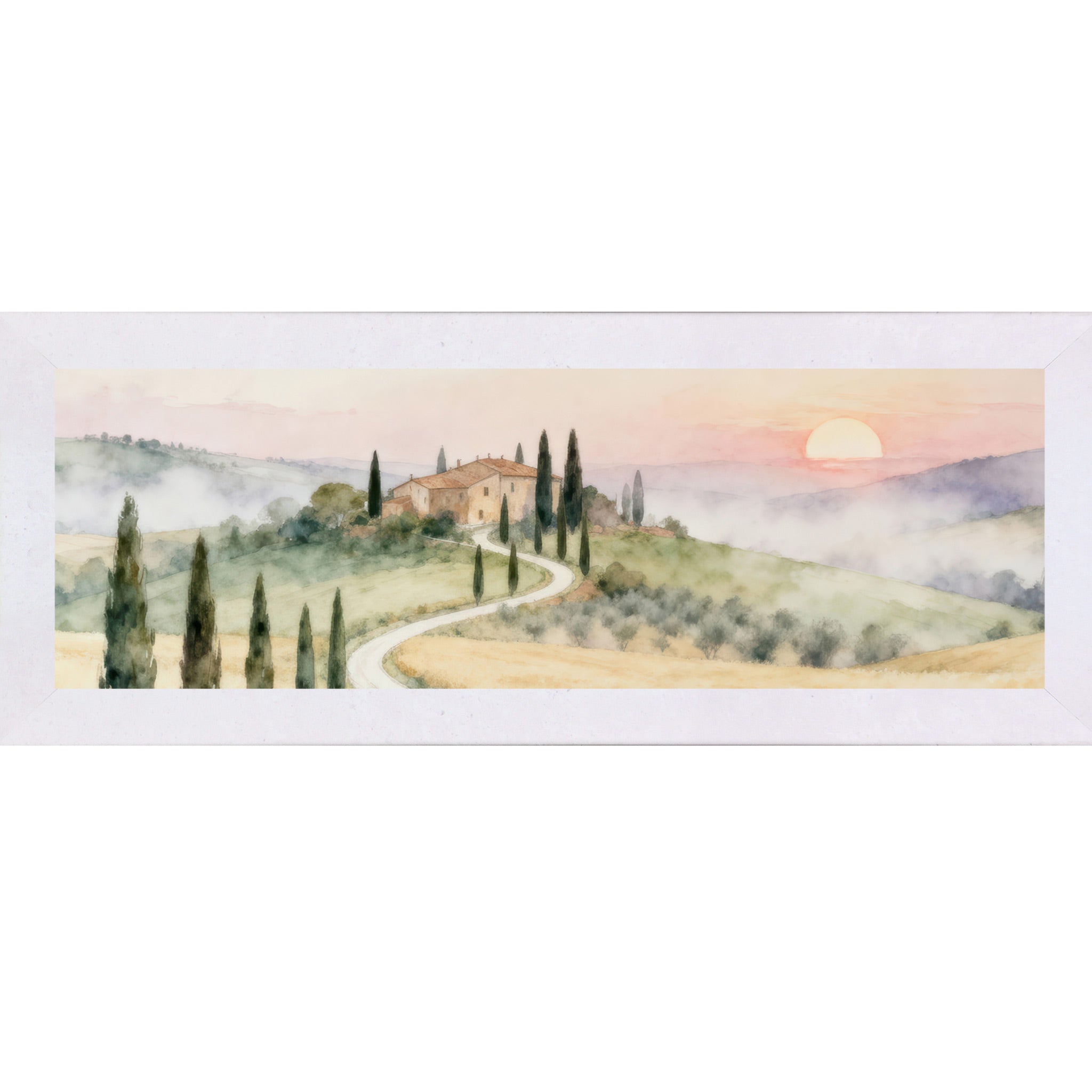 Framed artwork of a Tuscan landscape with a sunset.