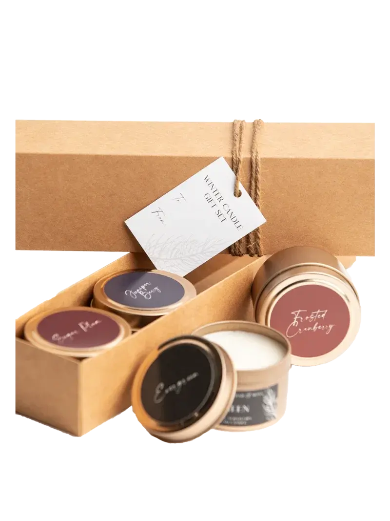 Winter candle gift set with cozy scents in rustic kraft box, perfect for farmhouse or cottage decor