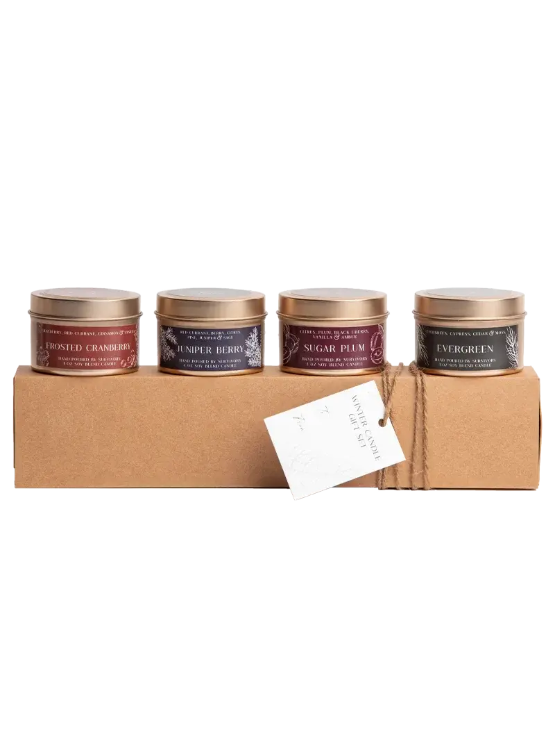 Winter candle gift set with four soy blend scents: Frosted Cranberry, Juniper Berry, Sugar Plum, Evergreen