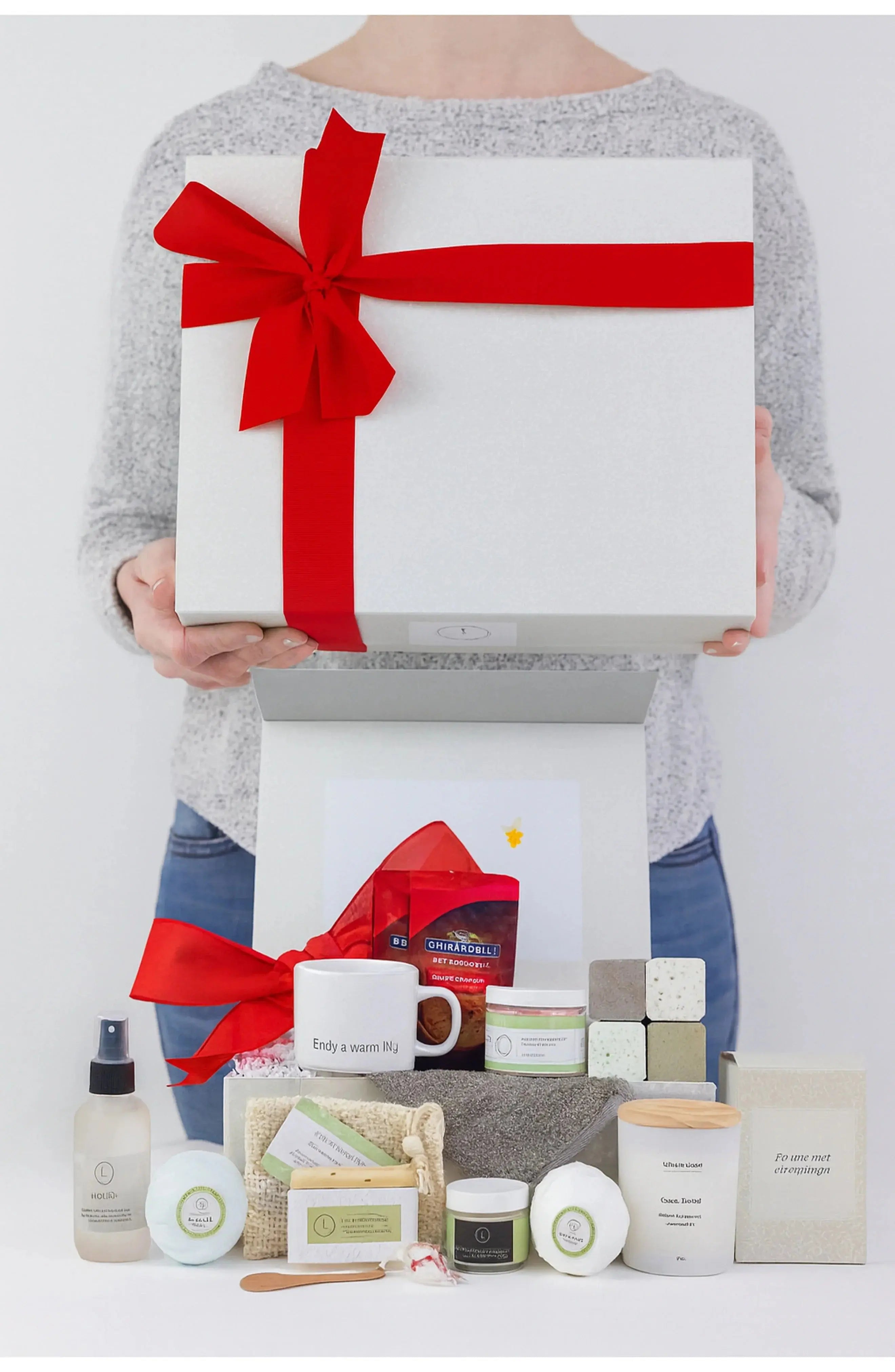 Cozy gift box with bath essentials, candles, and farmhouse-style treats for thoughtful gifting