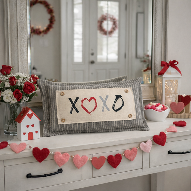 Decorative pillow with 'XOXO' on a vanity with heart decorations