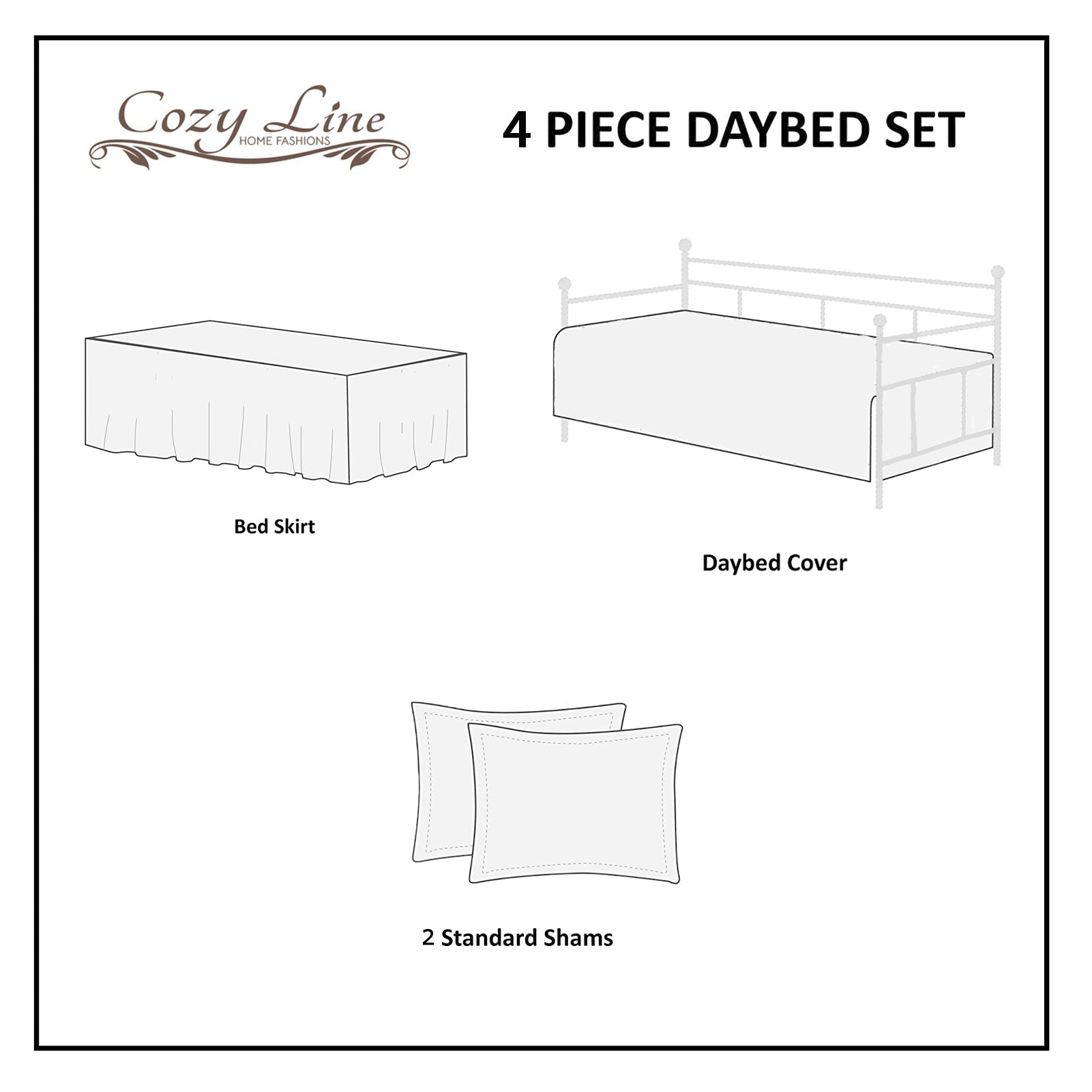 Diagram of a 4-piece daybed set including bed skirt, daybed cover, and two standard shams, branded 'Cozy Line'.