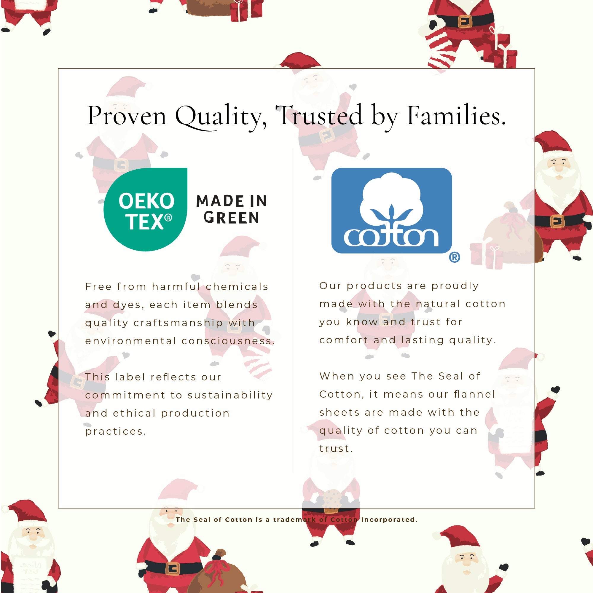 Product packaging with Oeko-Tex and Cotton logos, surrounded by cartoon Santa Claus figures on a white background.