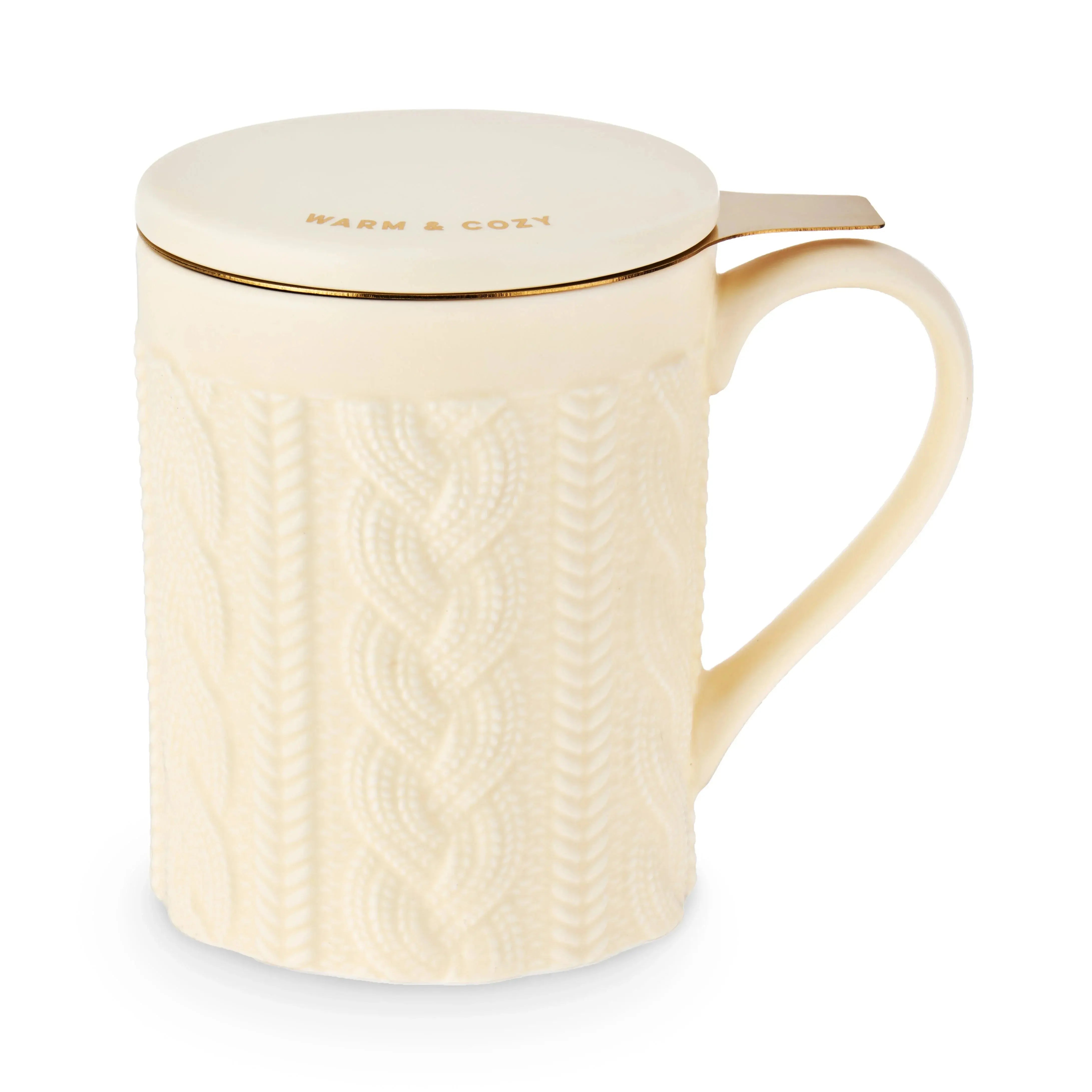 Cream-colored mug with textured design and gold lid on a white background