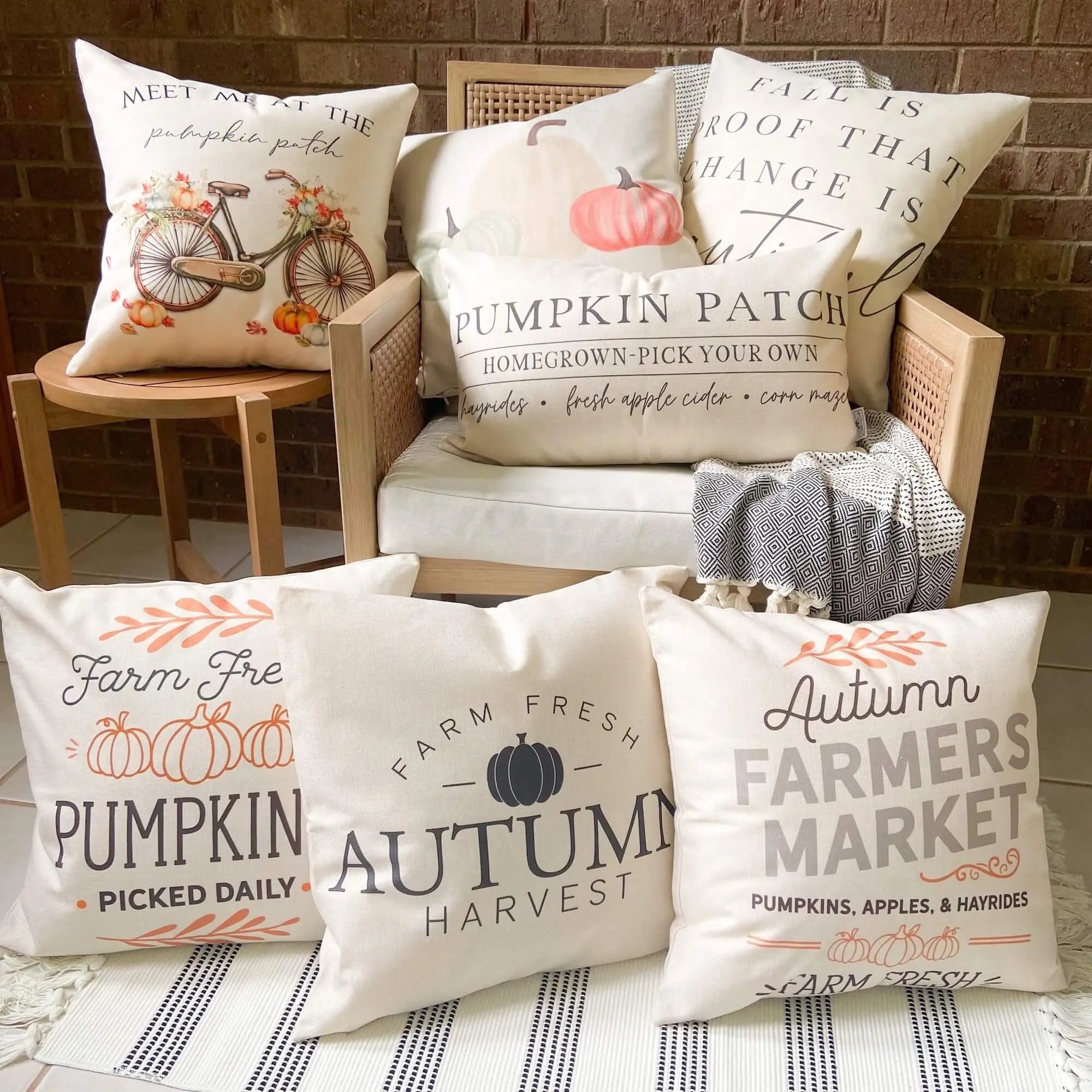 Fall farmhouse throw pillows with pumpkin patch, autumn harvest, and farmers market designs for cozy cottage decor