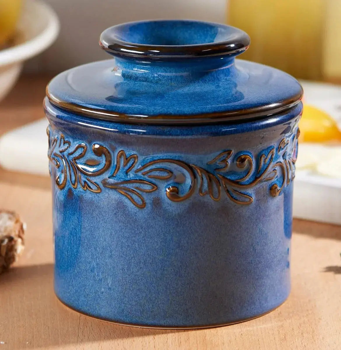 Blue ceramic canister with embossed leaf design, farmhouse kitchen decor