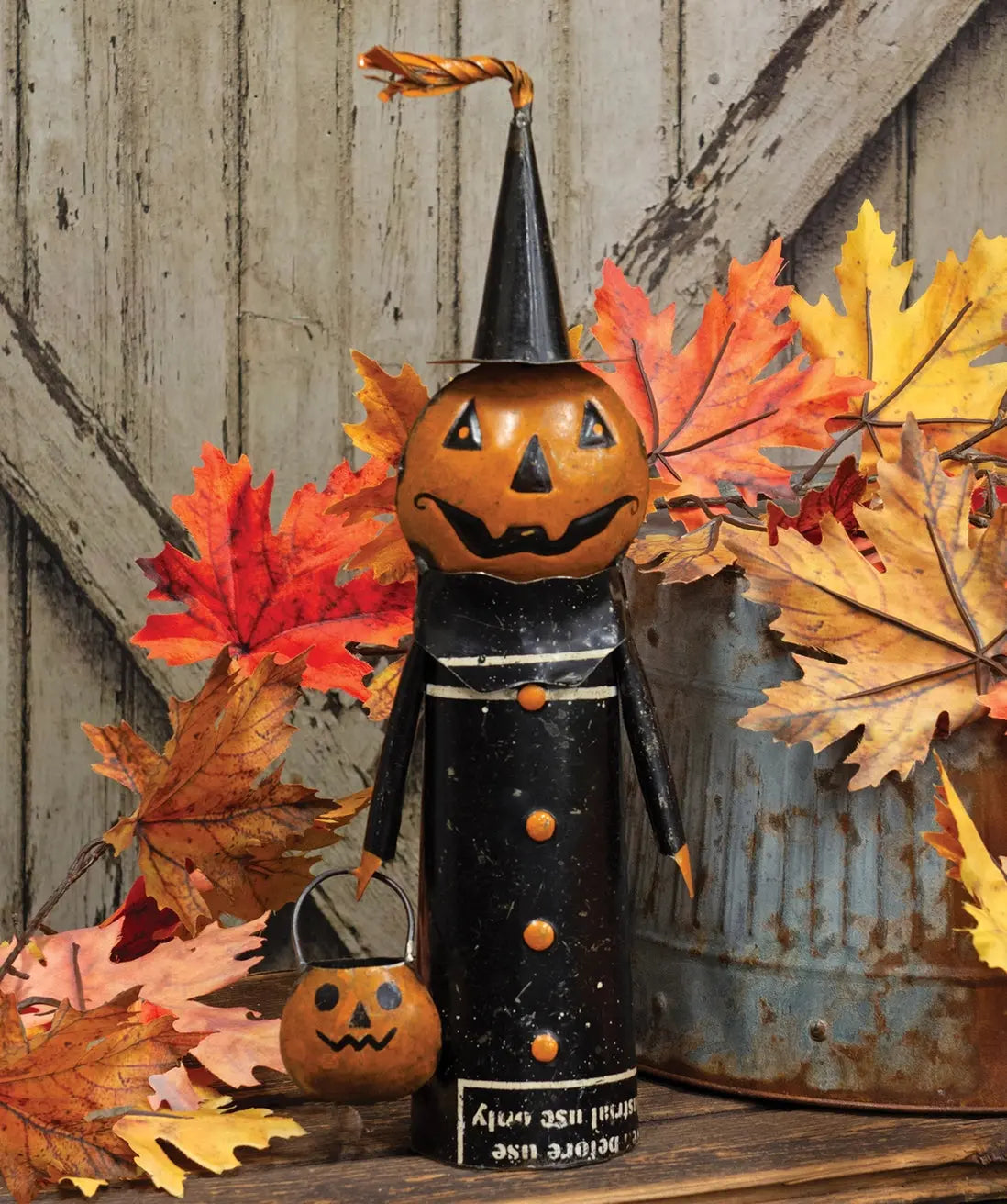 Recycled Metal Jack O’ Lantern Witch with Candy Bucket – 16.75 Inch