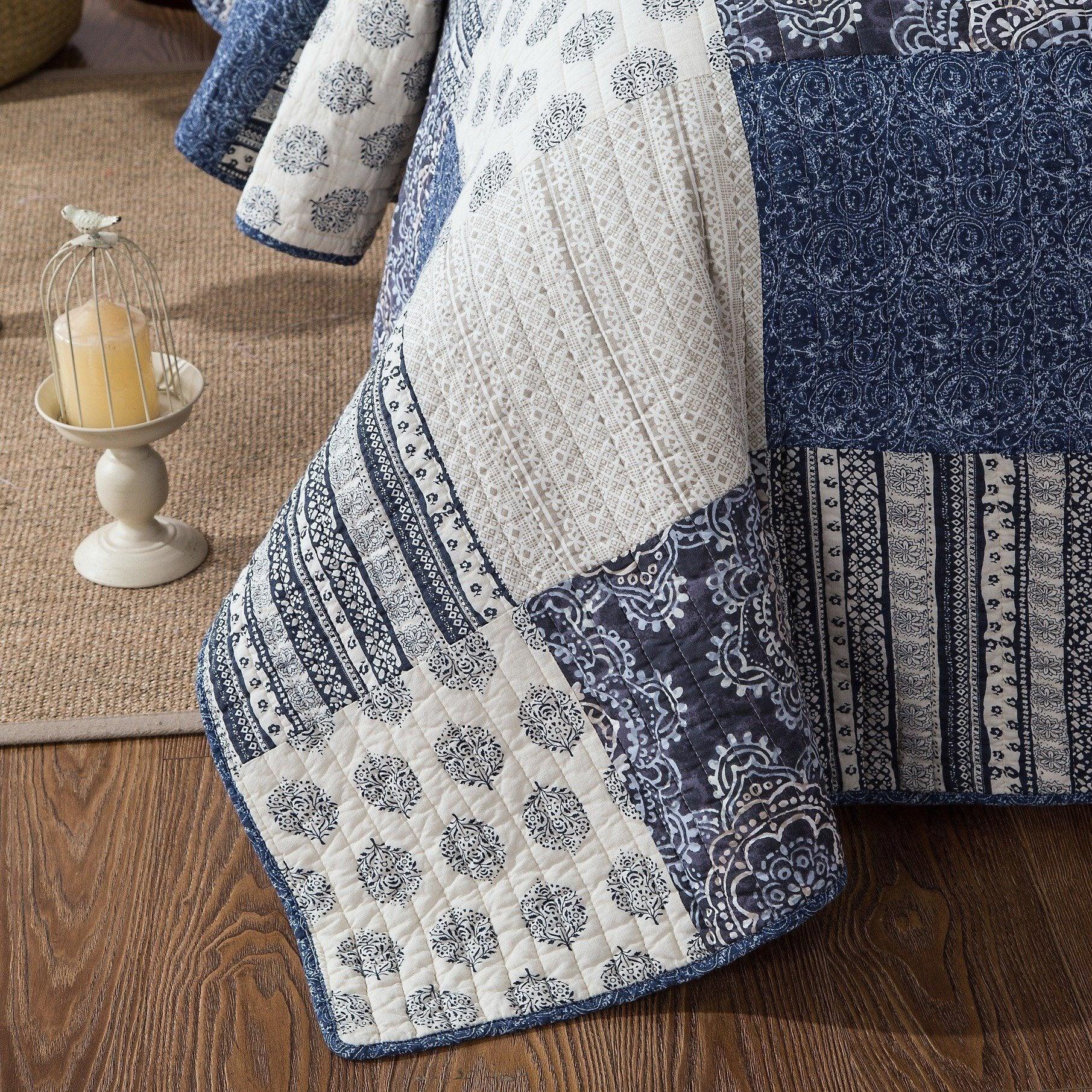 DaDa Bedding Bohemian Denim Blue Elegance Patchwork Cotton Bedspread Set (JHW-660) DaDalogy Bedding Collection