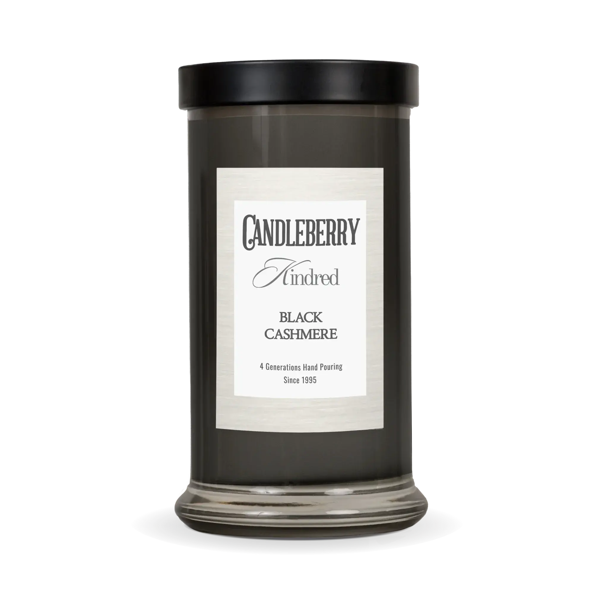 Black Cashmere scented candle in dark glass jar with black lid, farmhouse home decor