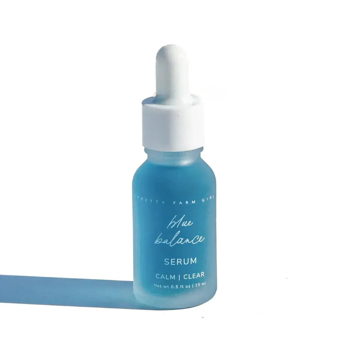 Blue Balance Calm Clear Serum in frosted glass bottle with dropper, farmhouse skincare essential