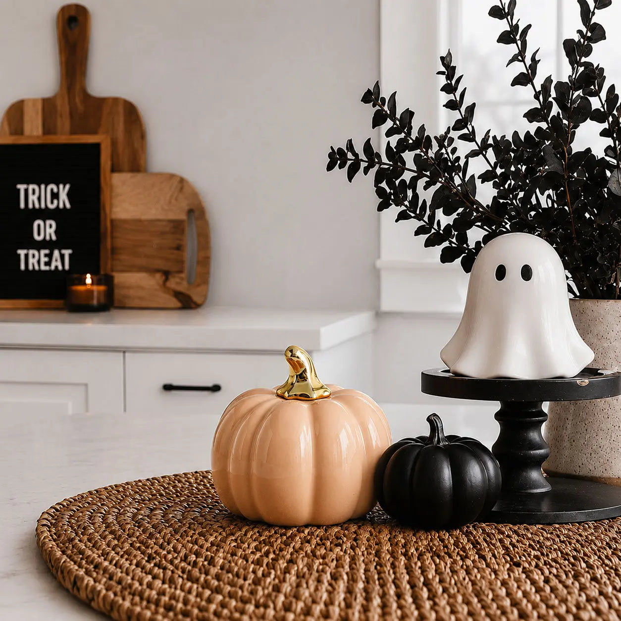 Decorative pumpkins and ghost figure on a table with Halloween-themed decor.
