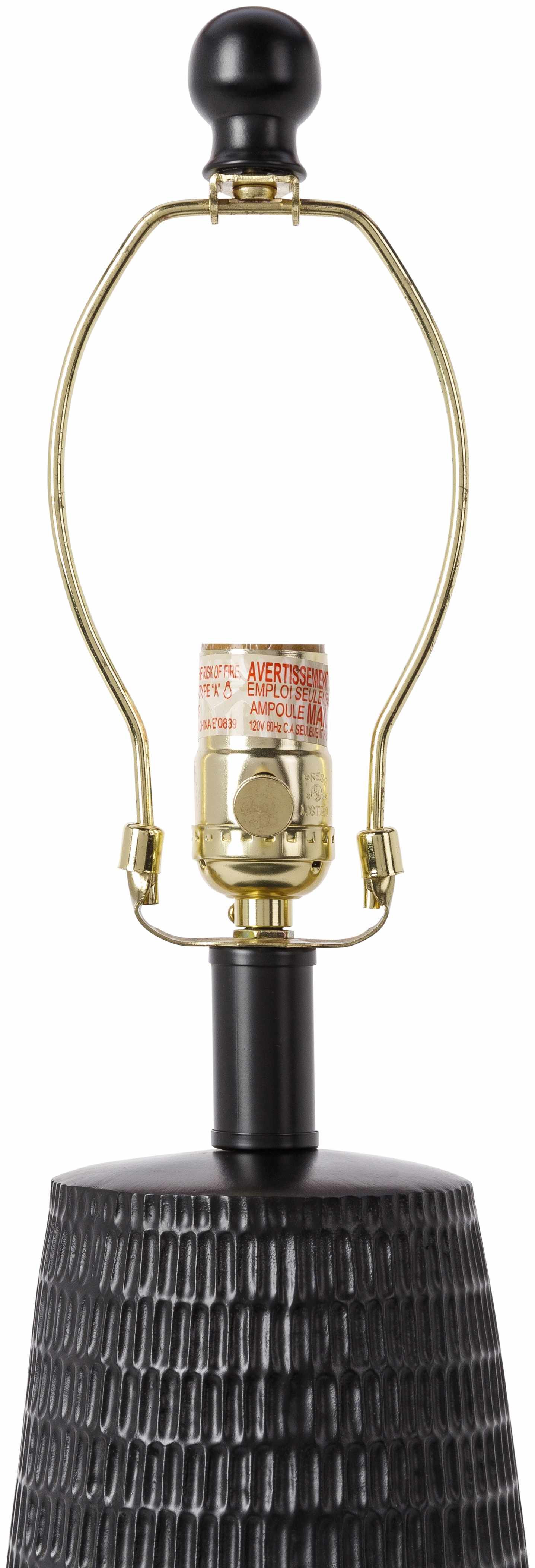 Berehomet black resin table lamp with white and beige linen shade for farmhouse and cottage home décor.