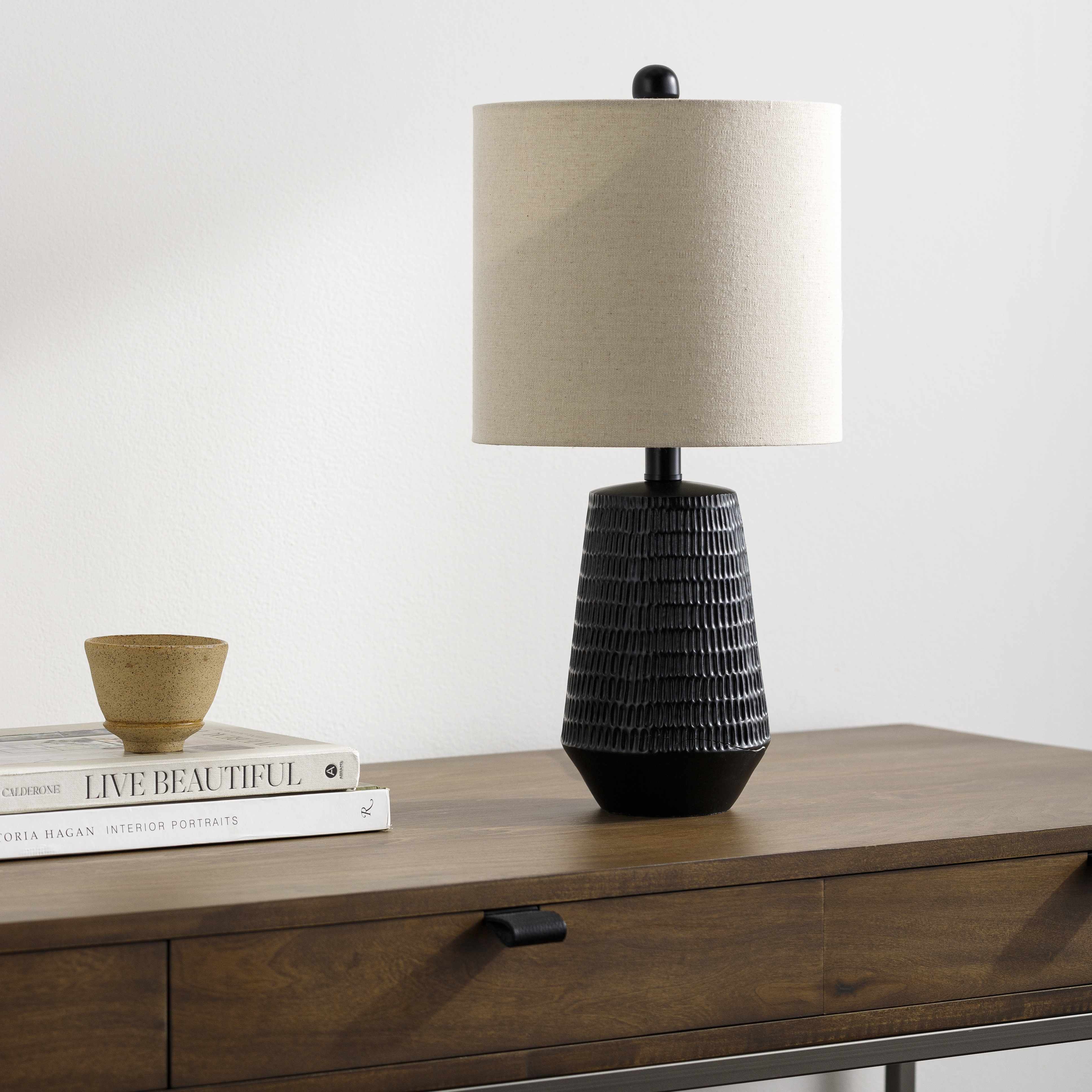 Berehomet black resin table lamp with white and beige linen shade for farmhouse and cottage home décor.