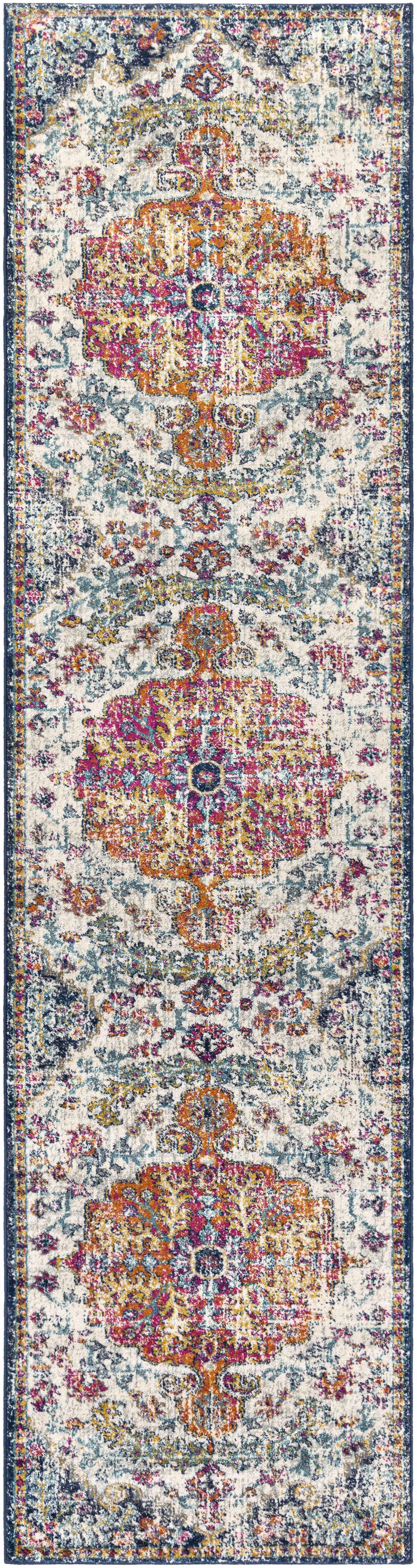 Boho vintage runner rug with floral medallions in navy, pink, and gold for farmhouse decor