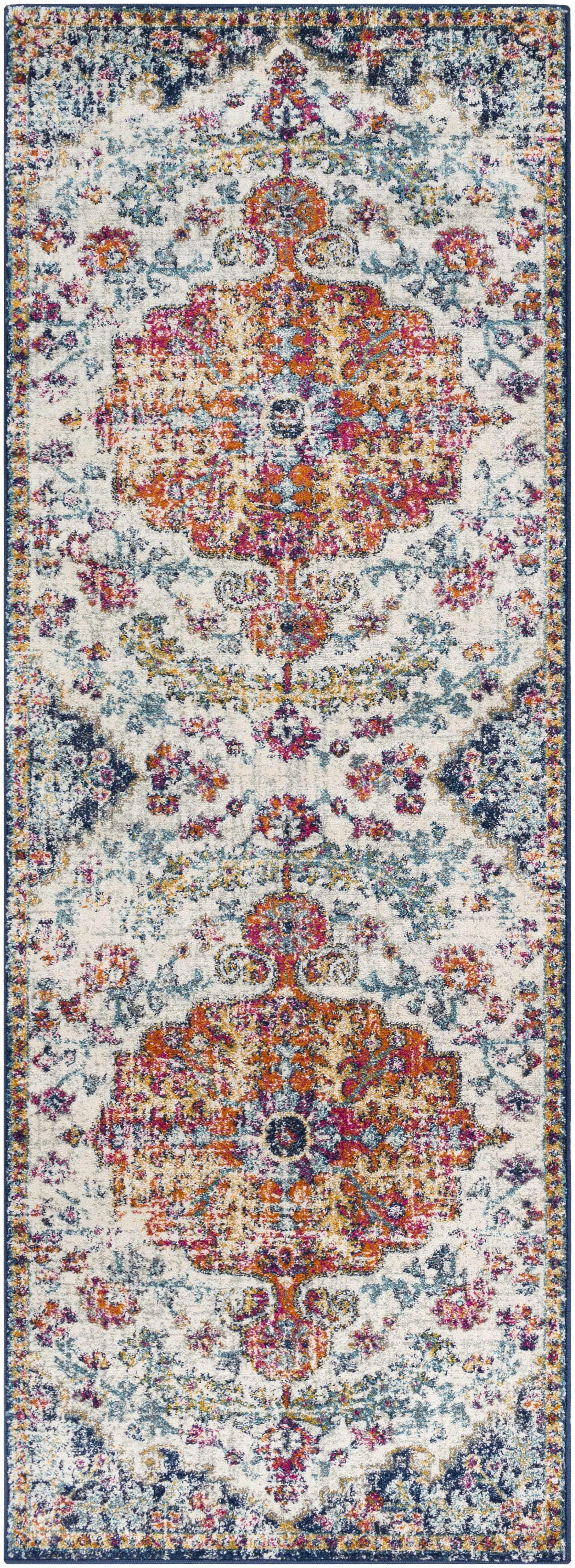 Vintage-style area rug with floral medallion pattern in blue, rust, and cream for farmhouse decor
