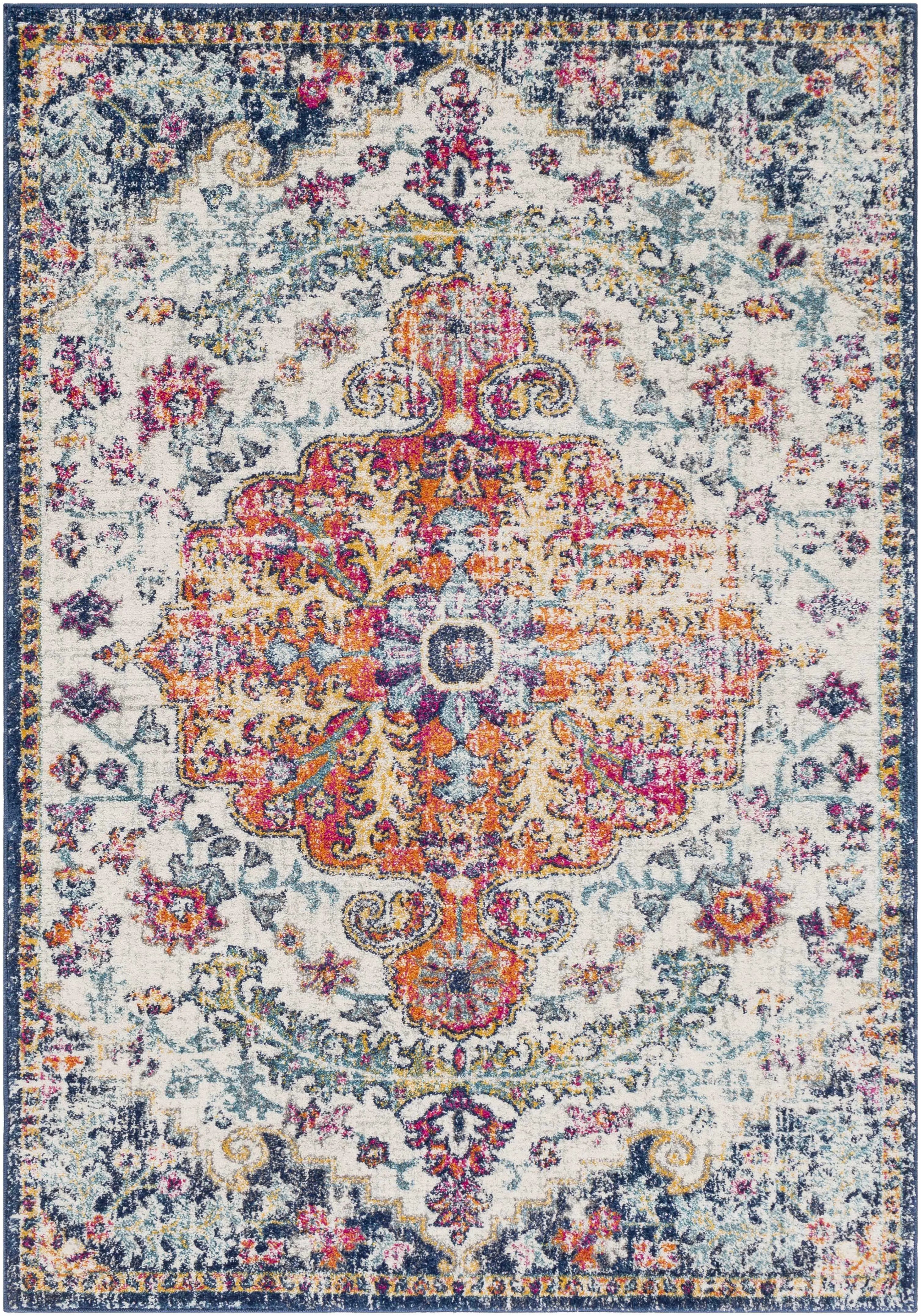 Vintage-inspired floral area rug with ornate medallion design in cozy farmhouse style
