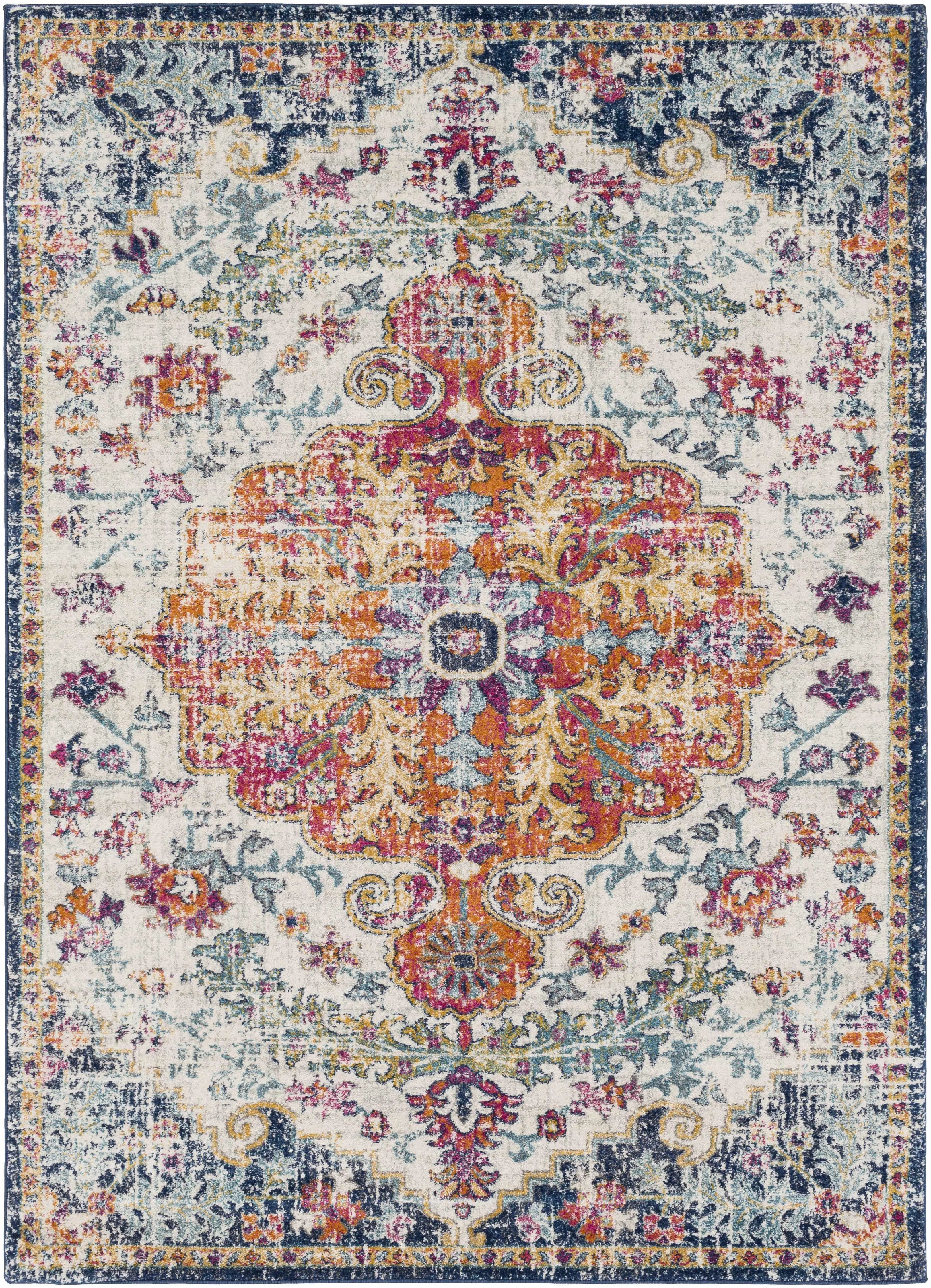 Vintage-inspired floral area rug with ornate medallion design in warm tones for cozy farmhouse decor