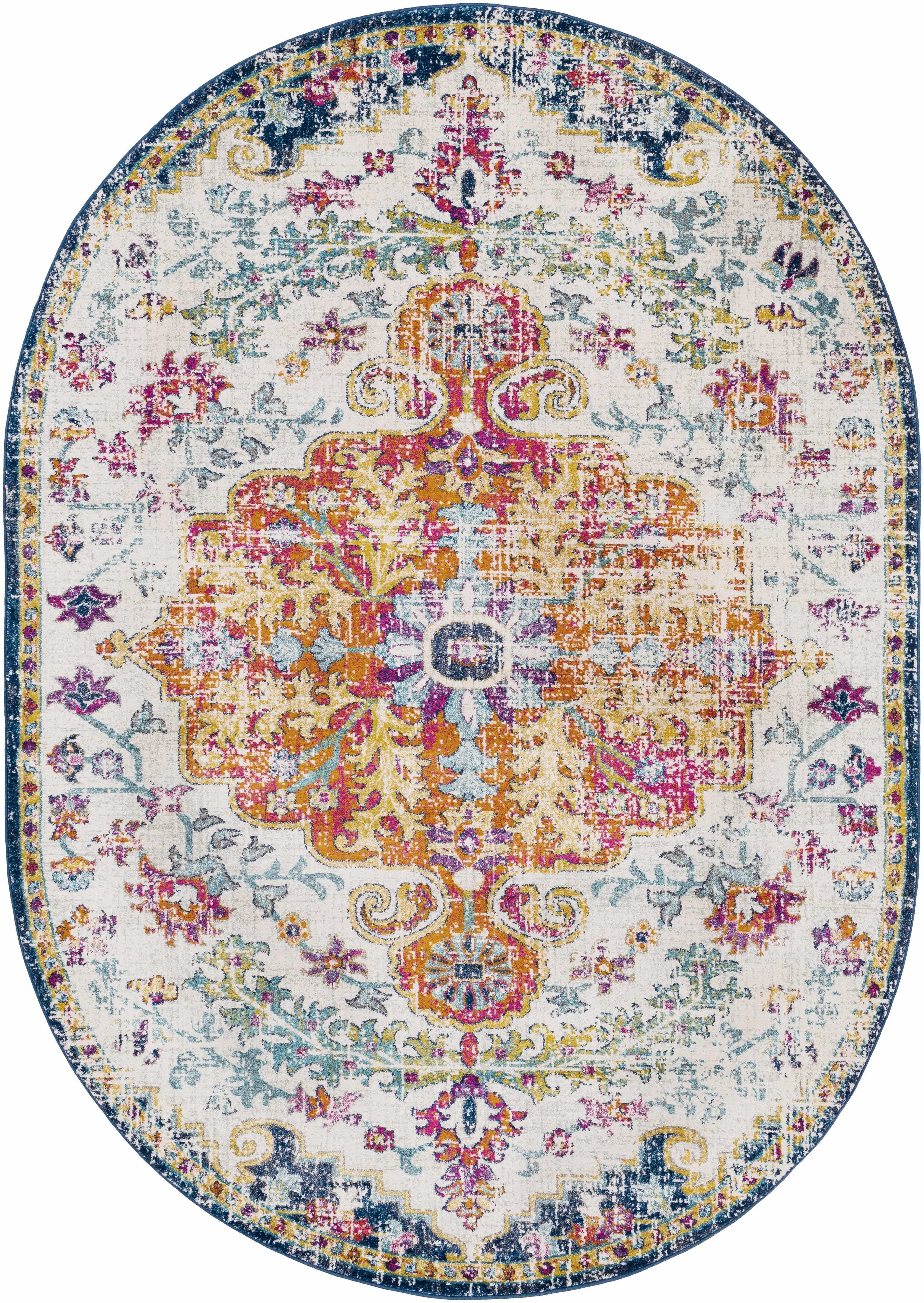 Oval vintage-style rug with colorful floral and ornate patterns for cozy farmhouse decor