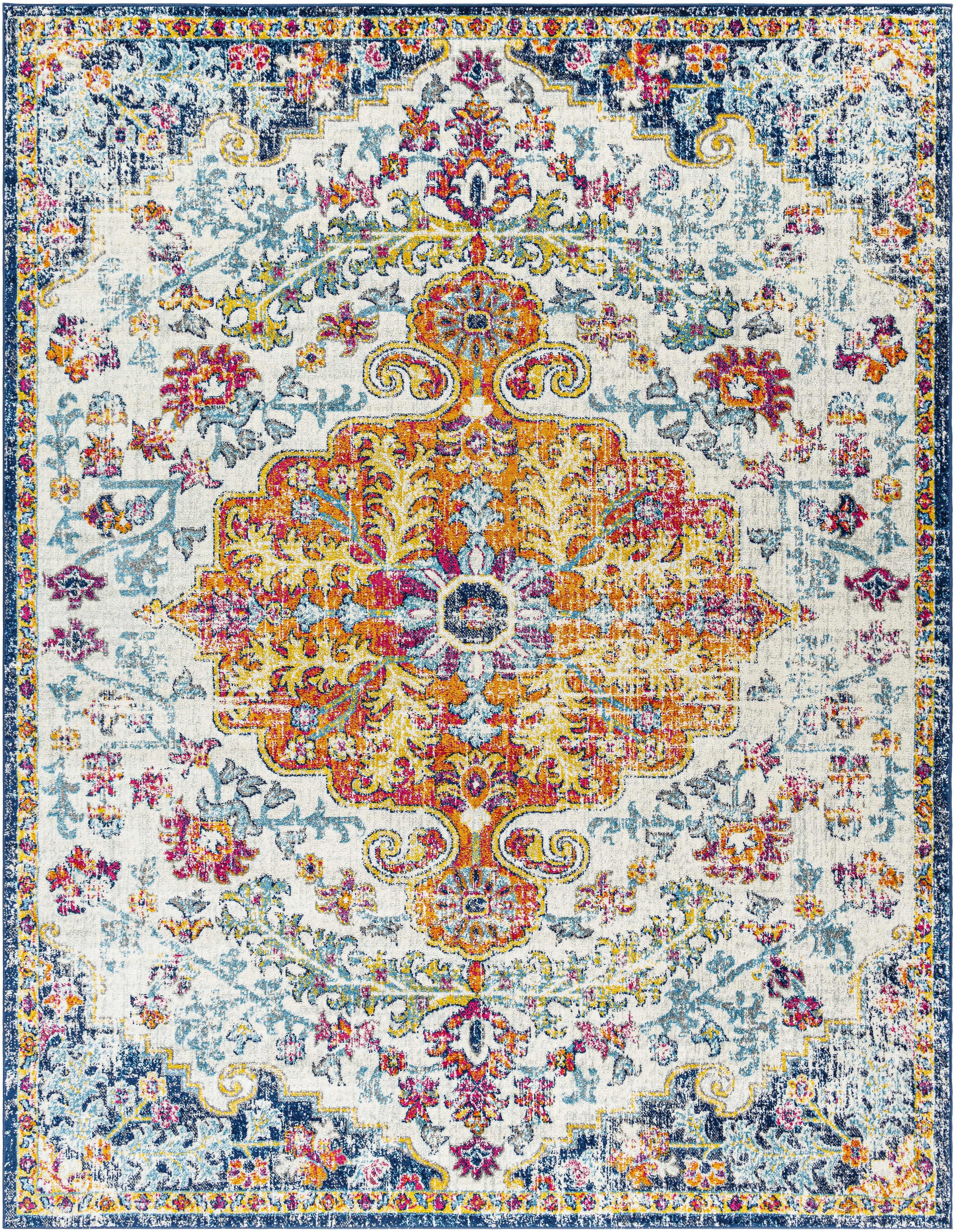 Vintage-inspired floral area rug with ornate medallion, perfect for cozy farmhouse decor