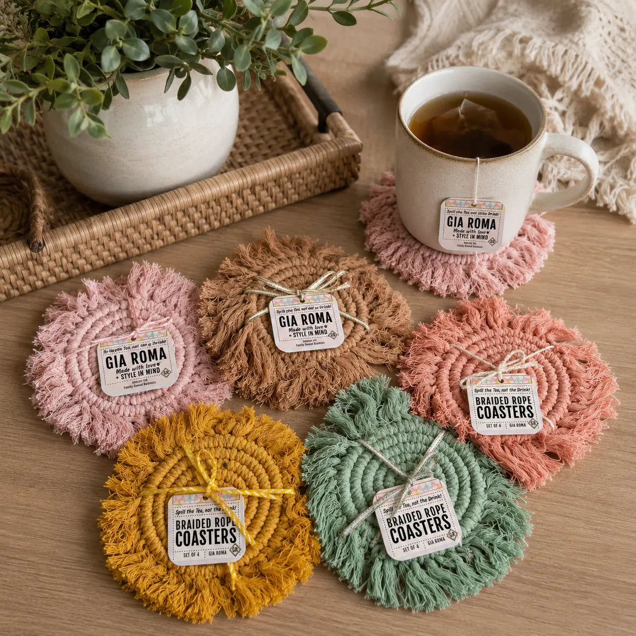 Pastel Braided Tassel Coasters Gia Roma