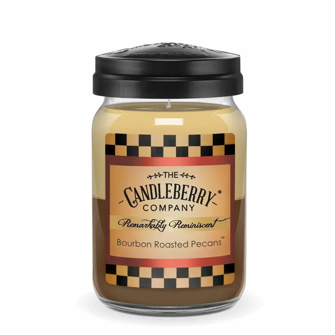 Bourbon Roasted Pecans scented candle in glass jar with checkered label, cozy farmhouse decor