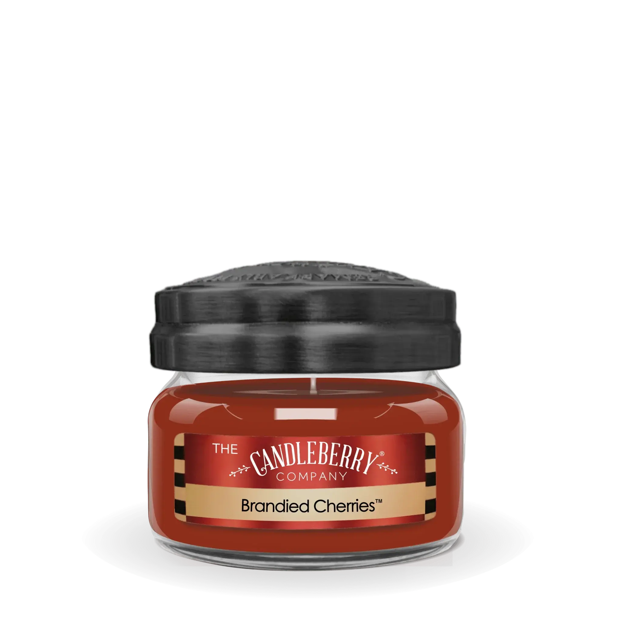 Branded Cherries scented candle in a glass jar with black lid, cozy home decor