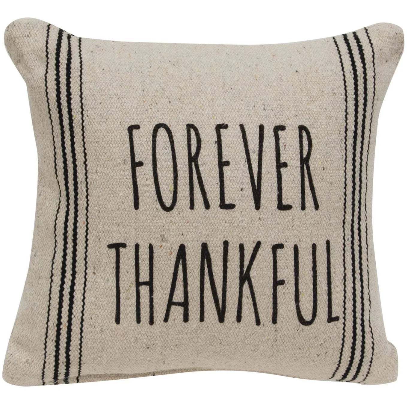 Pillow with 'Forever Thankful' text on a beige background