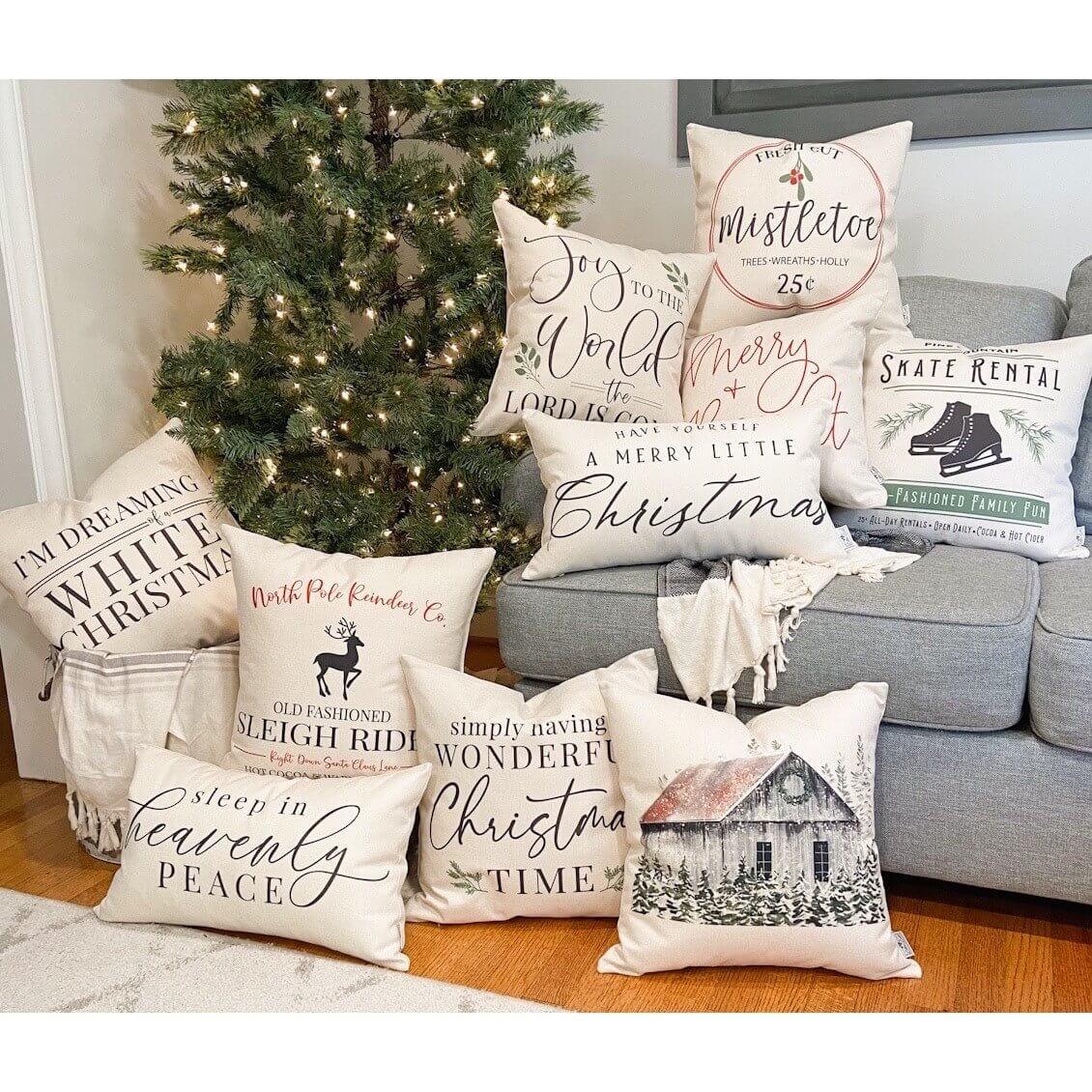 Cozy Christmas throw pillows with festive farmhouse designs, perfect for holiday home decor and cozy living spaces.
