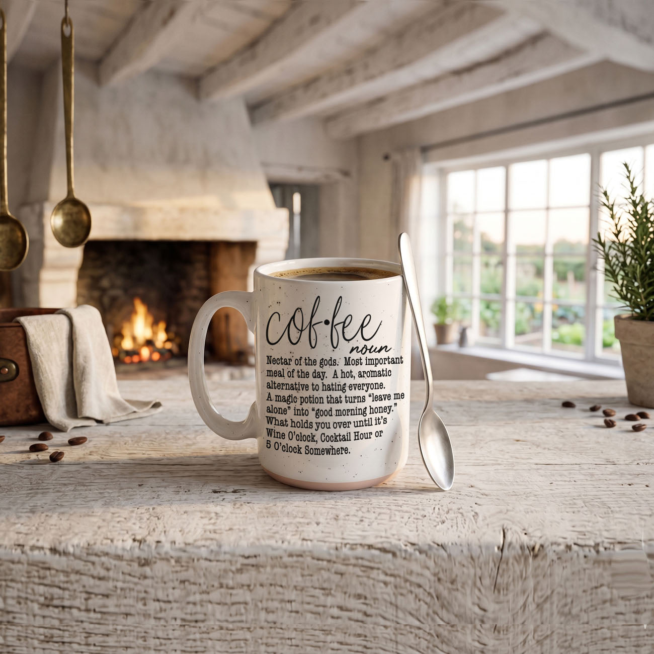 Coffee mug with spoon on a wooden table in a cozy kitchen setting