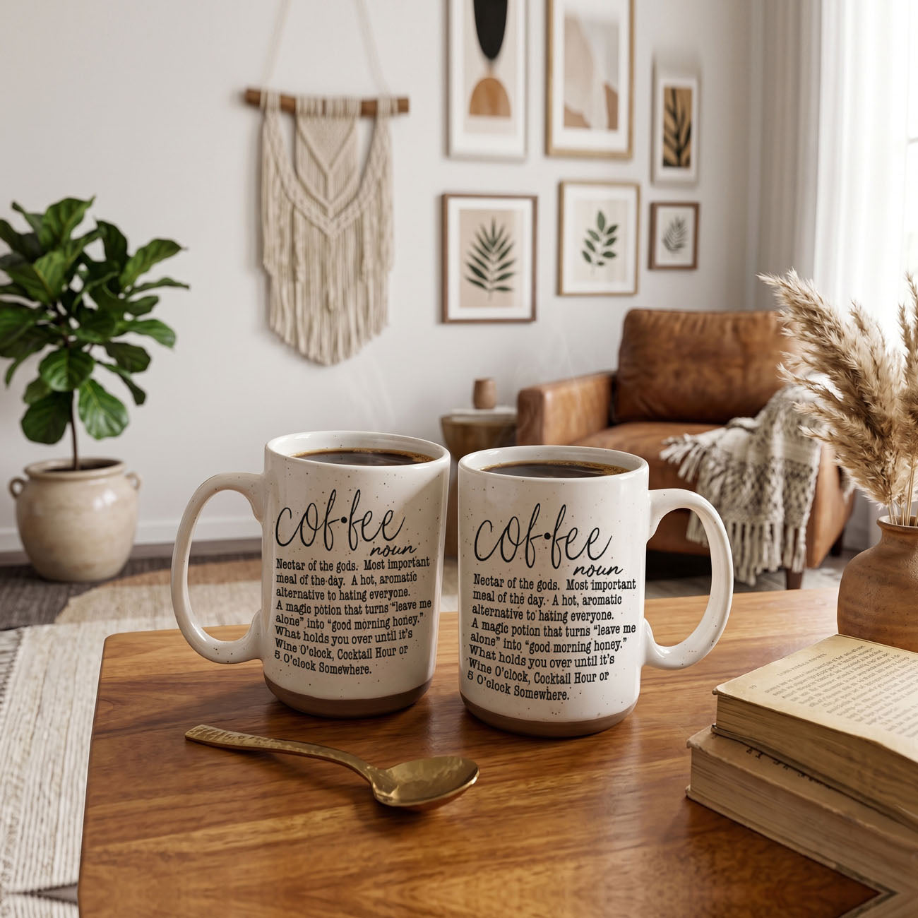 Two coffee mugs on a wooden table with a cozy living room background.