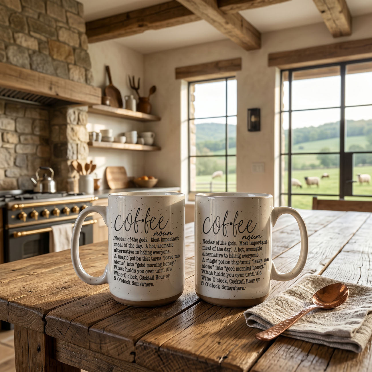 Two coffee mugs on a wooden table in a rustic kitchen with a view of greenery outside.